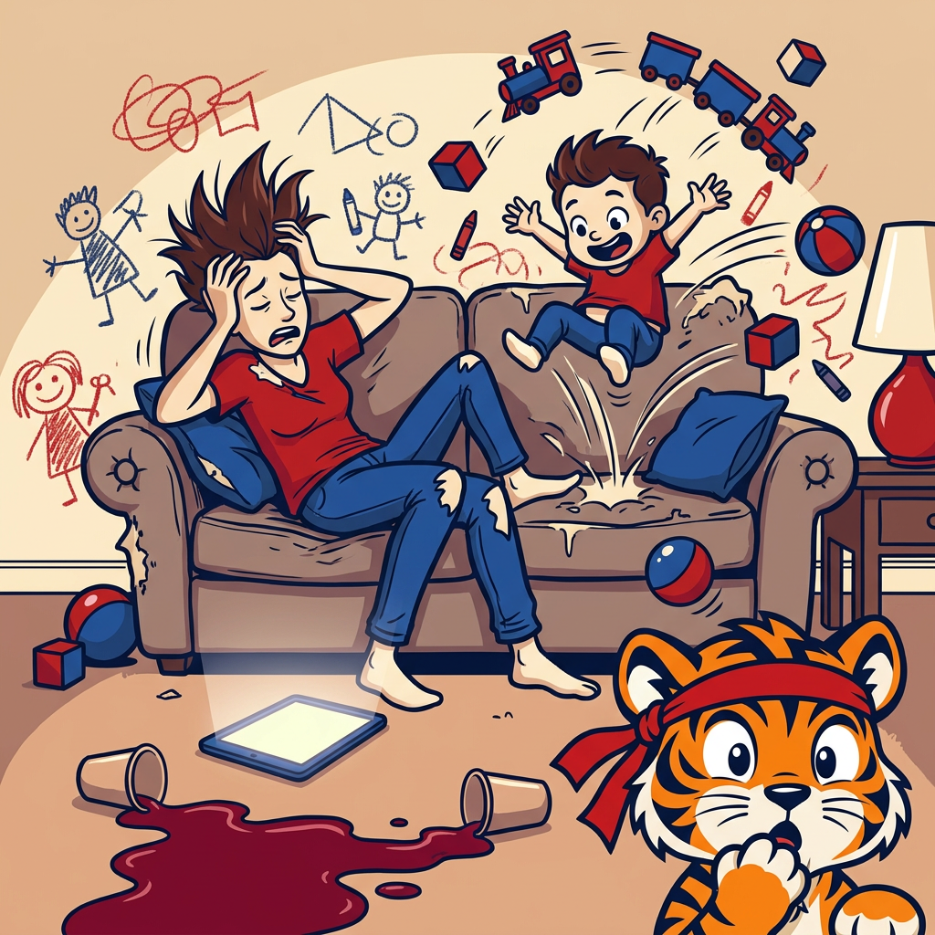 Cartoon of a worn-out parent while a preschooler bounces off the couch, with the Super T Tigers mascot watching — the chaos Super T Karate helps Grand Rapids families fix